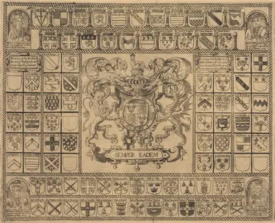 Coats of Arms with Corner Portraits of Henry VII, Henry VIII, Edward VI, and Mary
