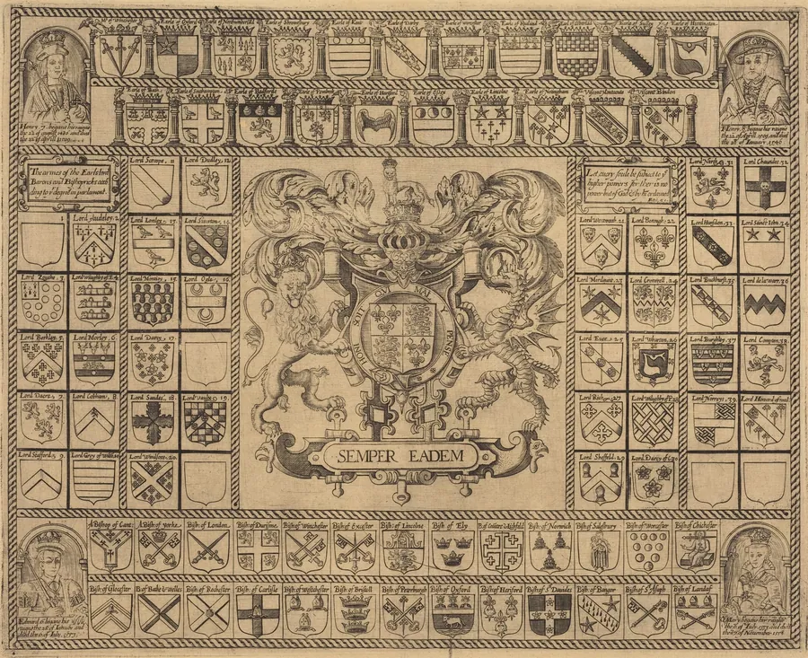 Coats of Arms with Corner Portraits of Henry VII, Henry VIII, Edward VI, and Mary by English 16th Century