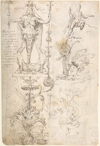 Female Term, seated figure, and fantastical creature (recto); Satyr and study of a woman and child (verso)