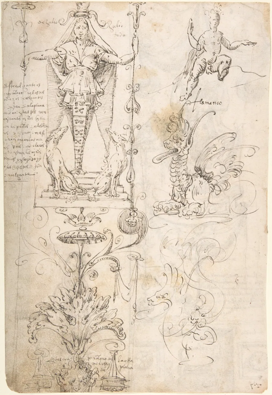 Female Term, seated figure, and fantastical creature (recto); Satyr and study of a woman and child (verso) by Andrés de Melgar