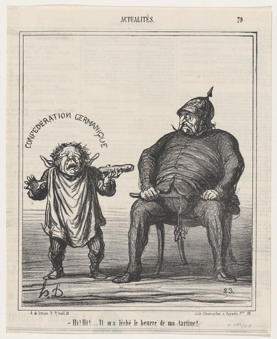 Hi! Hi! he licked the butter off my bread!, from 'News of the day,' published in Le Charivari, May 3, 1867 by Arnaud de Vresse