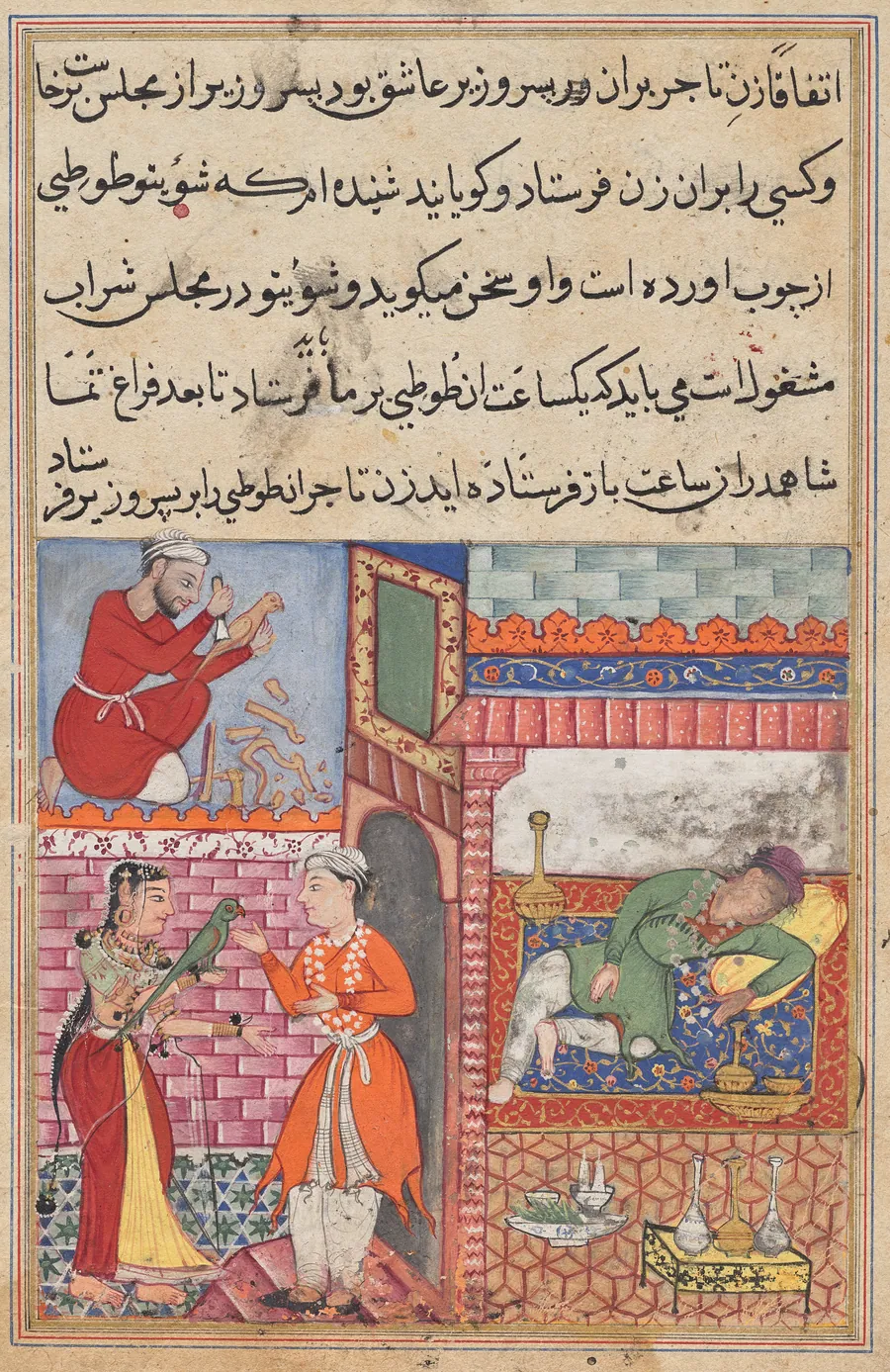 The vizier’s son receives the magic wooden parrot from the wife of the merchant, who is drunk, and has a replica made by a carpenter, from a Tuti-nama (Tales of a Parrot): Tenth Night by Lalu