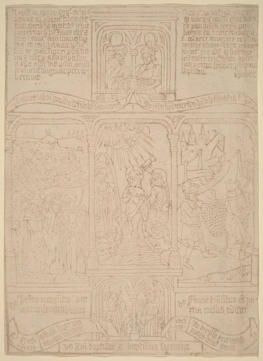 The Baptism of Christ; Pharoah Passing through the Red Sea; Joshua and Caleb by Netherlandish 15th Century