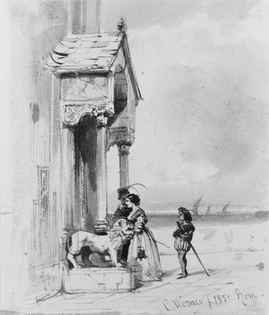 Couple Entering Building, with Attendant  (from Cropsey Album) by Carl Friedrich Heinrich Werner