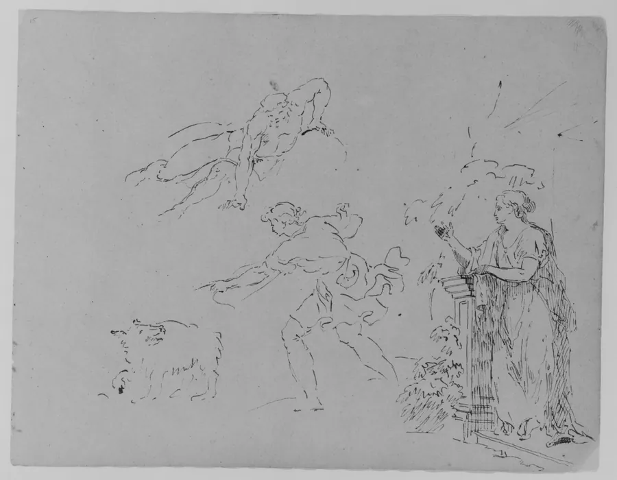 Male [Breaking Fall]; Male Gesturing Toward Dog; Female on Step Leaning Against Column by Foliage (from Sketchbook) by Thomas Sully