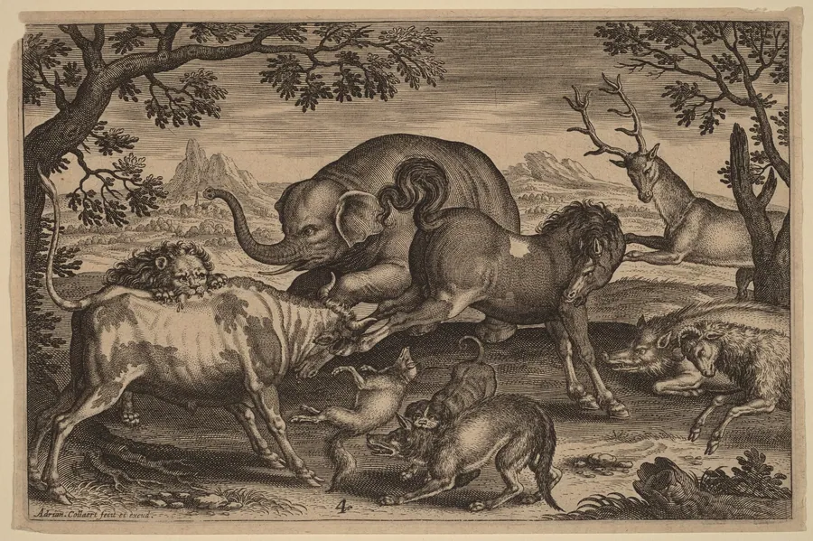 Lion, Bull, Fox, Wolf, Dog, Boar, Goat, Horse, Elephant and Deer by Adriaen Collaert