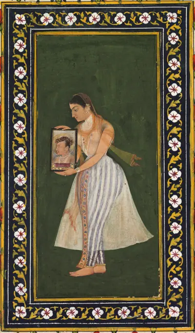 Nur Jahan holding a portrait of Emperor Jahangir