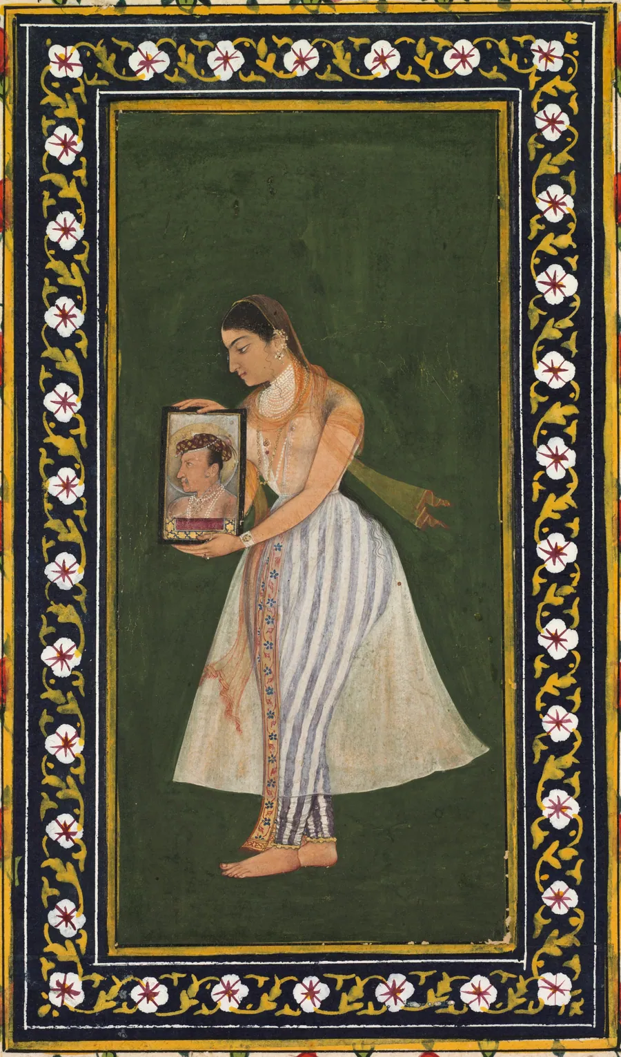 Nur Jahan holding a portrait of Emperor Jahangir by Bishandas