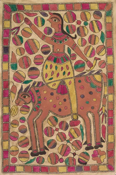 Rider and four-legged bovine creature with border of colored squares