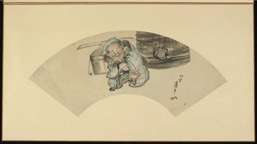 A fat old man sitting beside a large bell by Katsushika Hokusai 葛飾北斎 (1760-1849)