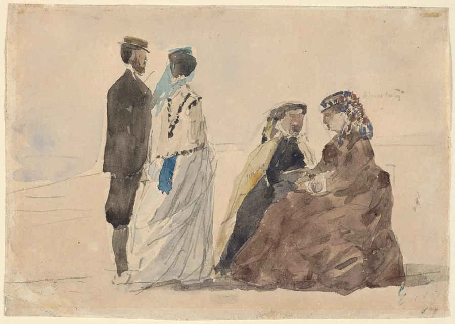 Two Ladies Seated and a Couple Walking on the Beach by Eugène Boudin