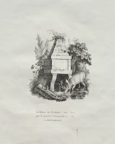 Receuil d'essais lithographiques:  Une fontaine imitant la gravure sur bois