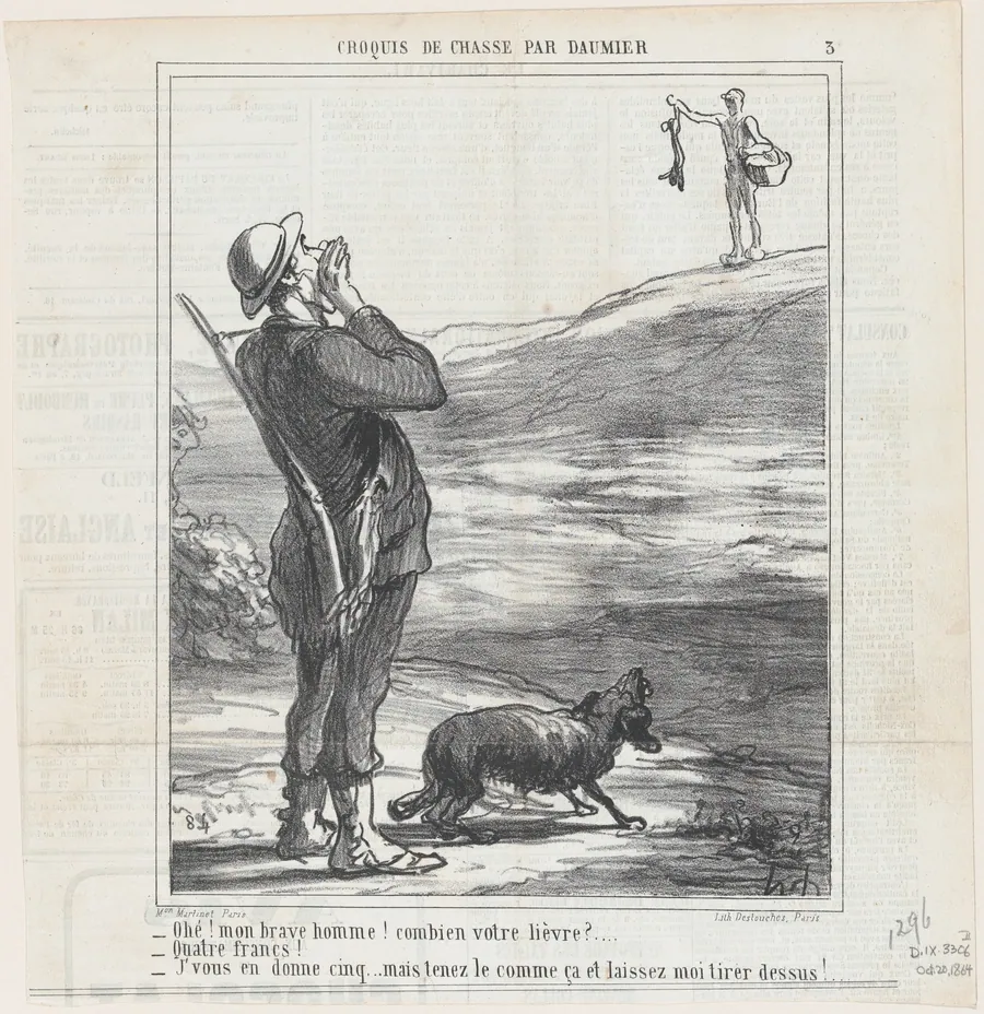 Hello! My good man! How much for your hare?, from 'Hunting sketches,' published in Le Charivari, October 20, 1864 by Honoré Daumier