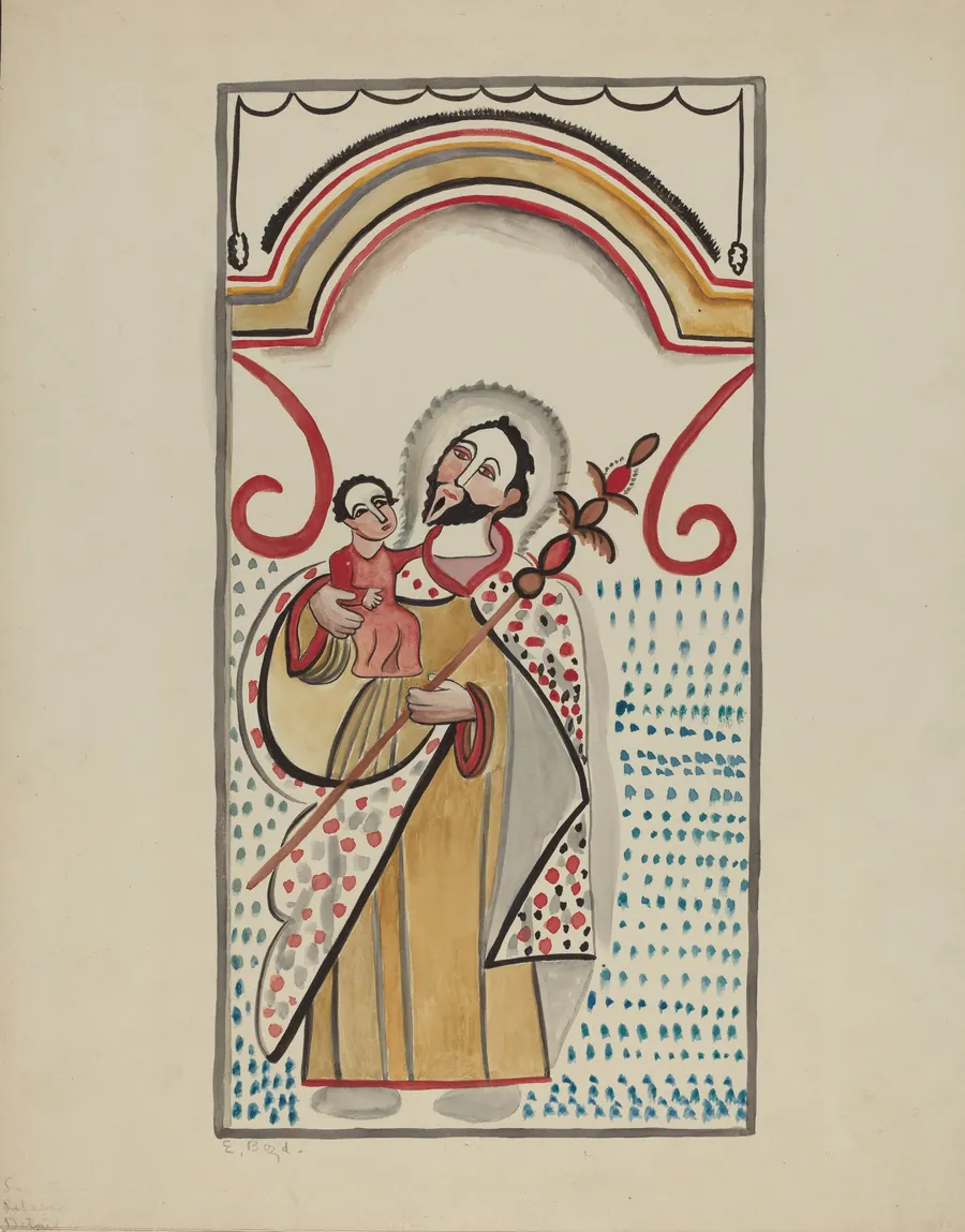 Detail from Large Altar on East Wall of Sanctuario Church at Chimayo. St. Christopher by E. Boyd