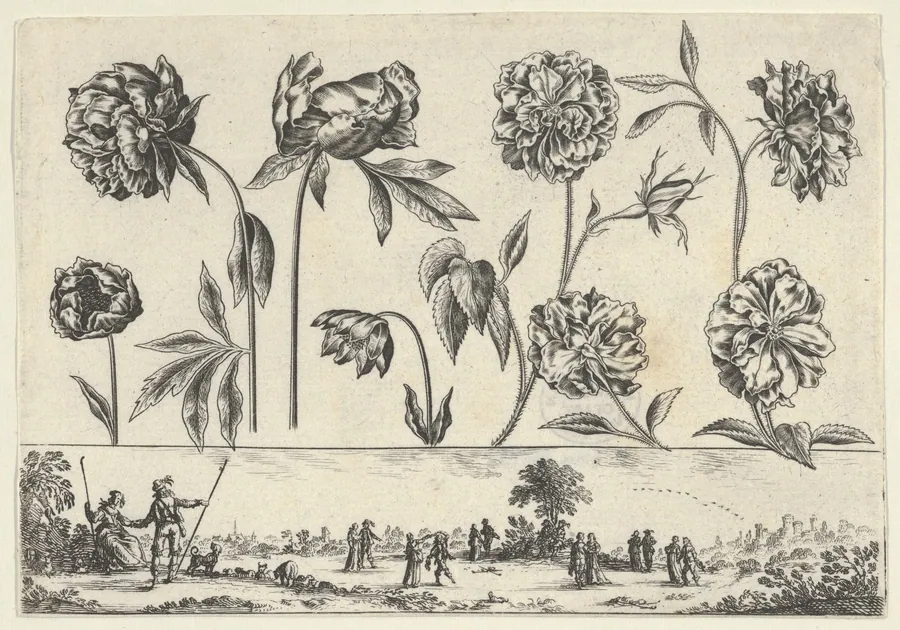 Horizontal Panel with a Row of Flowers Above a Frieze with Figures in a Landscape, from Livre Nouveau de Fleurs Tres-Util by Nicolas Cochin
