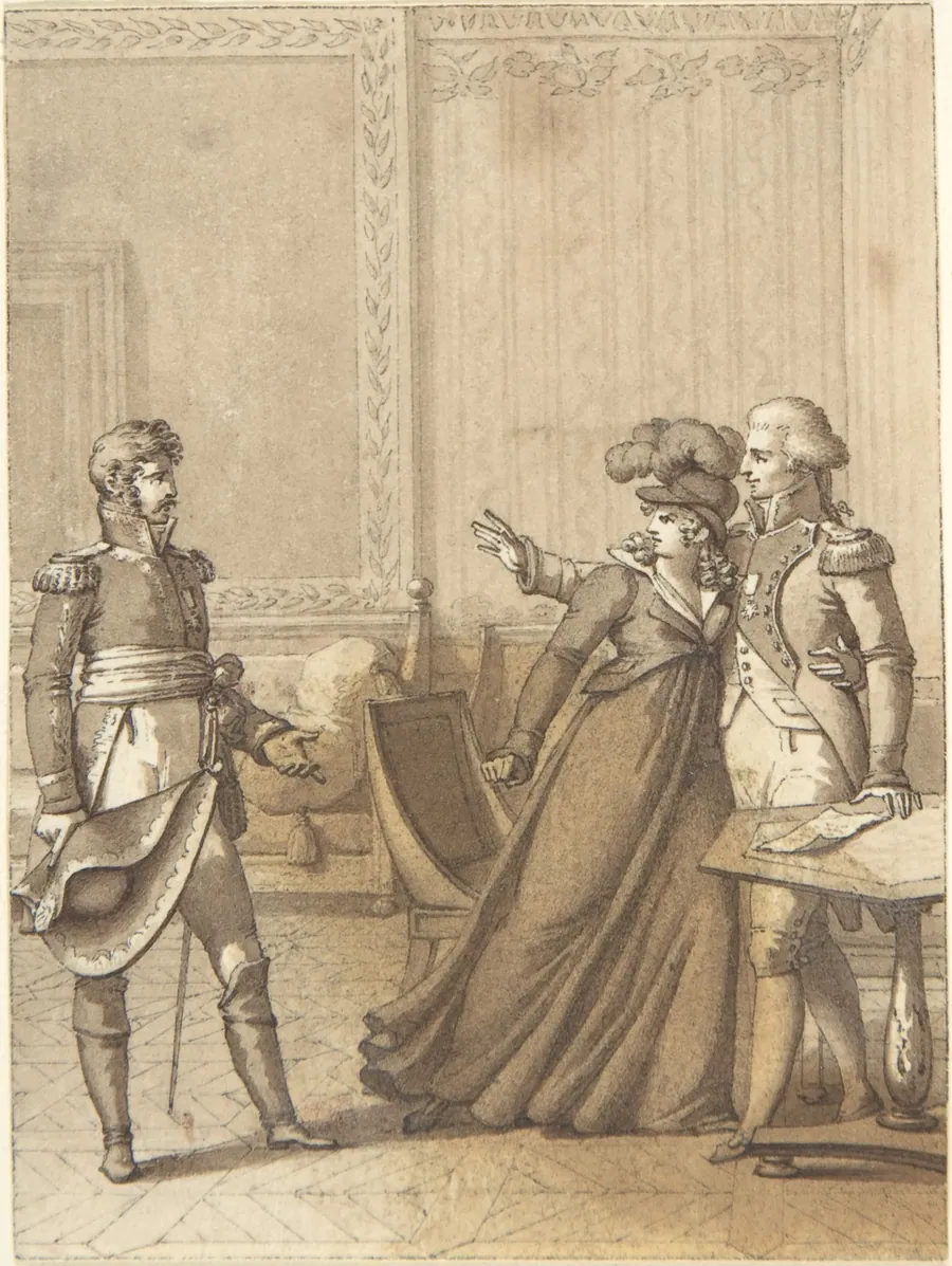 Design for a Book Illustration: a Soldier Approaching a Couple by Anonymous, German, 19th century