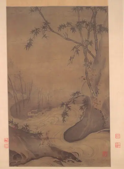 Bamboo and Ducks by a Rushing Stream