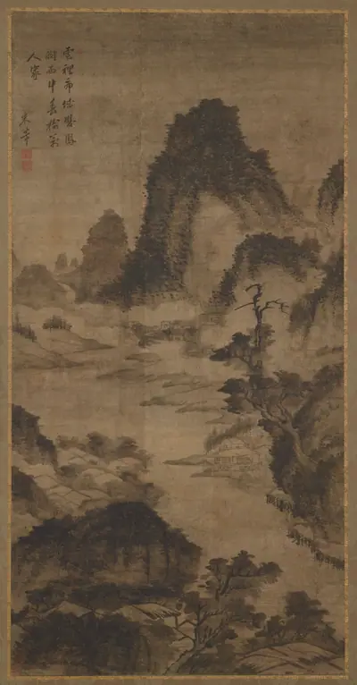 Landscape: mountains, a river, and buildings