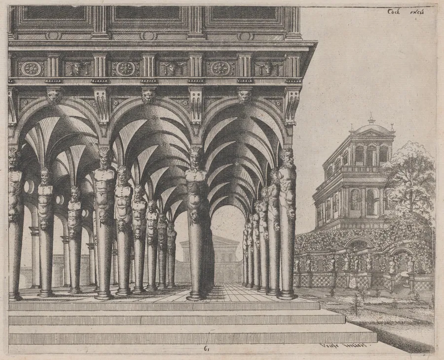 Loggia with Satyr Terms and a Garden by Lucas van Doetechum