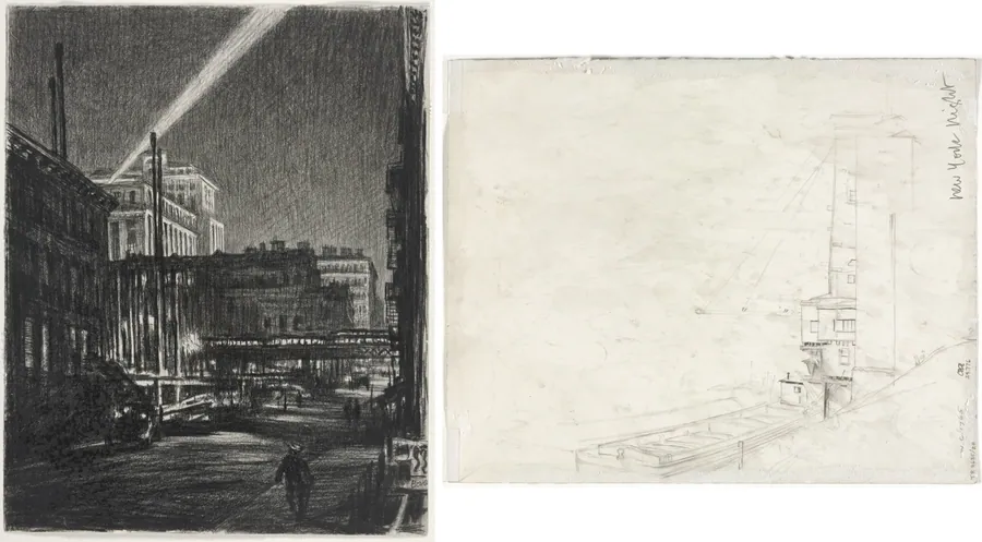 New York Night (recto) Study for New York Night (verso) by Muirhead Bone