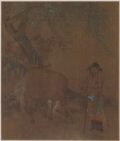 Horse and groom under a willow