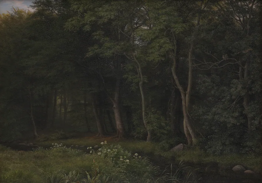 Begyndende aftenskumring i en skov. Motiv fra Iselingen by P.C. Skovgaard