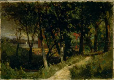 Untitled (landscape, forest scene with red fence and building)