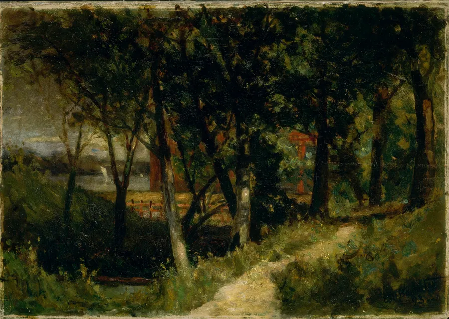 Untitled (landscape, forest scene with red fence and building) by Edward Mitchell Bannister, born St. Andrews, New Brunswick, Canada 1828-died Providence, RI 1901