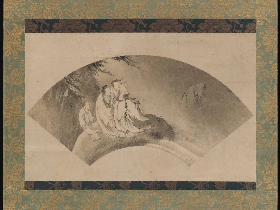 列子御風図扇面 (Resshi gyofū zu senmen)|The Daoist Immortal Liezi Flying on a Cloud by Kano Yukinobu 狩野之信