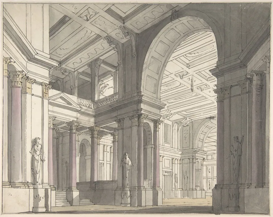 Design for a Stage set Showing the Interior of a Palace (recto); Architectural Sketch (verso) by Josef Platzer