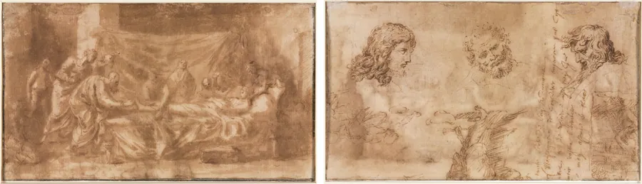 Extreme Unction (recto); Three Heads and Other Sketches (verso) by Nicolas Poussin