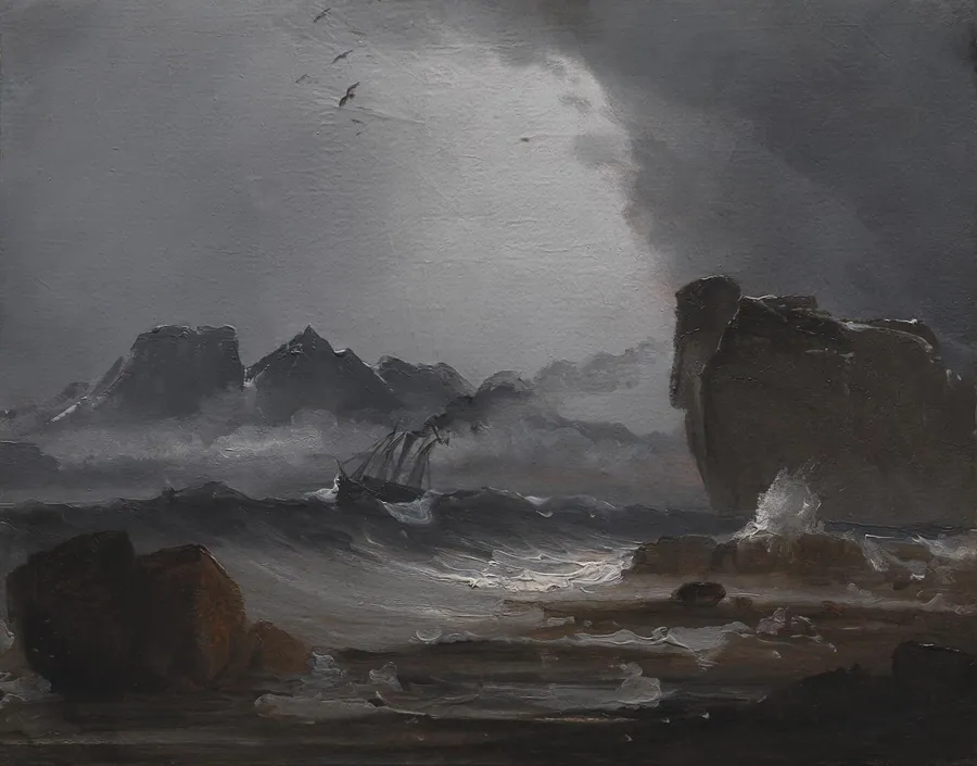 Oprørt hav med et dampskib nær den norske kyst by Peder Balke