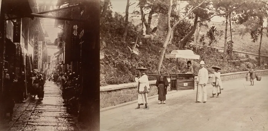 Commercial Street, Canton (recto); Untitled (man being carried in sedan chair, verso) by Lai Fong (Afong Studio)