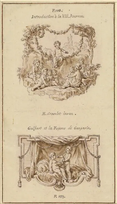 Nine Children Listening to a Girl Tell a Story; A Boy Handing a Purse to a Girl Seated on a Bed