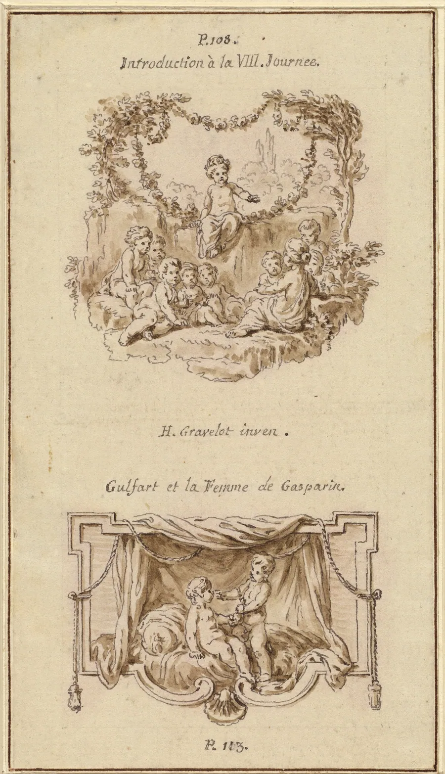 Nine Children Listening to a Girl Tell a Story; A Boy Handing a Purse to a Girl Seated on a Bed by Hubert François Gravelot