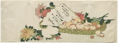Basket with Fan, Chrysanthemums, and Mushrooms