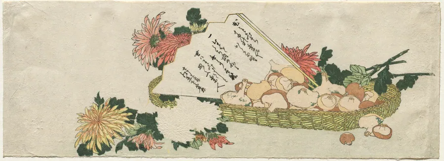Basket with Fan, Chrysanthemums, and Mushrooms by Katsushika Hokusai