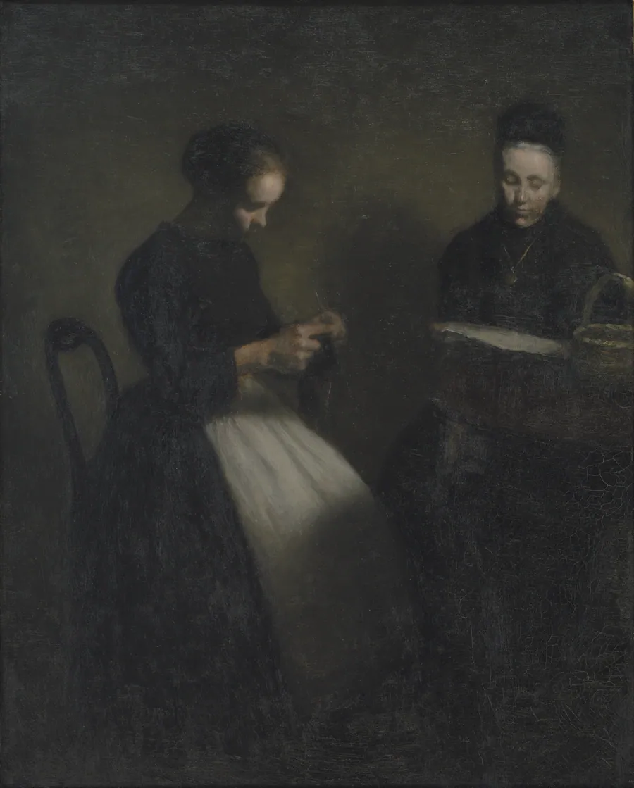 Afteninteriør. Kunstnerens moder og hustru by Vilhelm Hammershøi