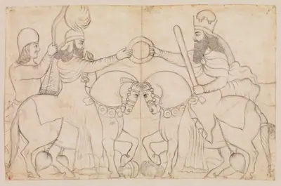 Drawing of Sasanian rock relief: Ardashir I (r. A.D. 224-241) and the Zoroastrian divinity Ohrmazd [Ahura Mazda] at Naqsh-i Rustam, southern Iran