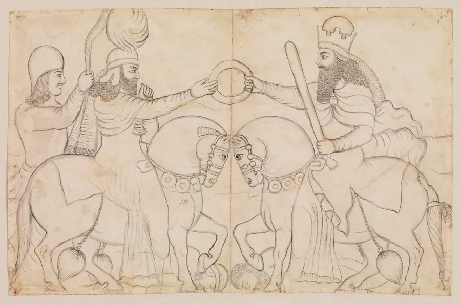 Drawing of Sasanian rock relief: Ardashir I (r. A.D. 224-241) and the Zoroastrian divinity Ohrmazd [Ahura Mazda] at Naqsh-i Rustam, southern Iran by Lutf-'Ali Shirazi