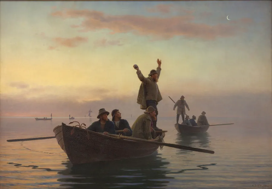 Hornfiskefangst med drivvod. Tidlig morgen by A. Dorph