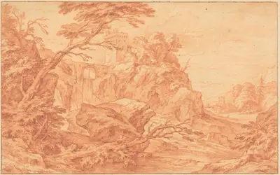 A Rocky Landscape with a Stone Tower and a Waterfall