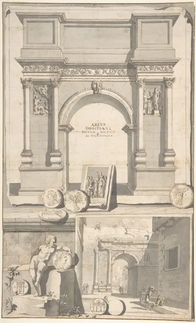 A Reconstruction of the Arch of Domitian (above) and View the Ruins (below)