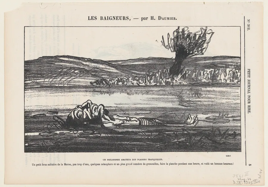 Philosophical contemplations of a lover of silent pleasures, from 'The bathers,' published in Le Petit Journal pour Rire, August 6, 1864 by Honoré Daumier