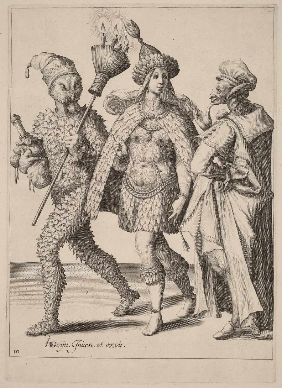 An Old Mummer Addressing a Couple Dressed in Feathers by Zacharias Dolendo