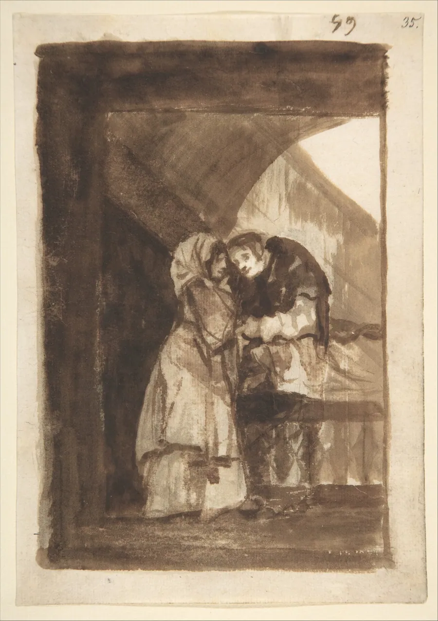 A woman talking to a priest in a covered archway; folio 59 from the Images of Spain Album 'F' by Goya (Francisco de Goya y Lucientes)