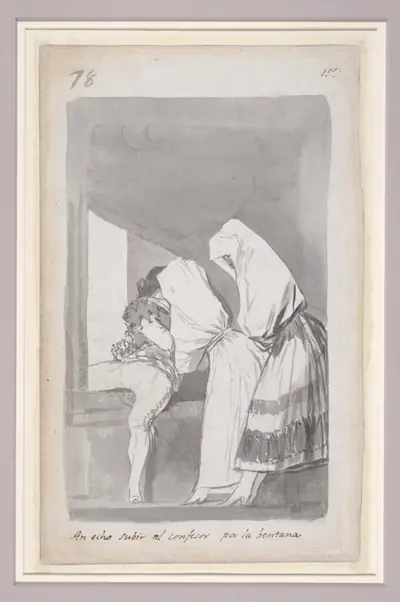 Two women helping a confessor to climb through a window; folio 78 (verso) from the Madrid Album 'B'