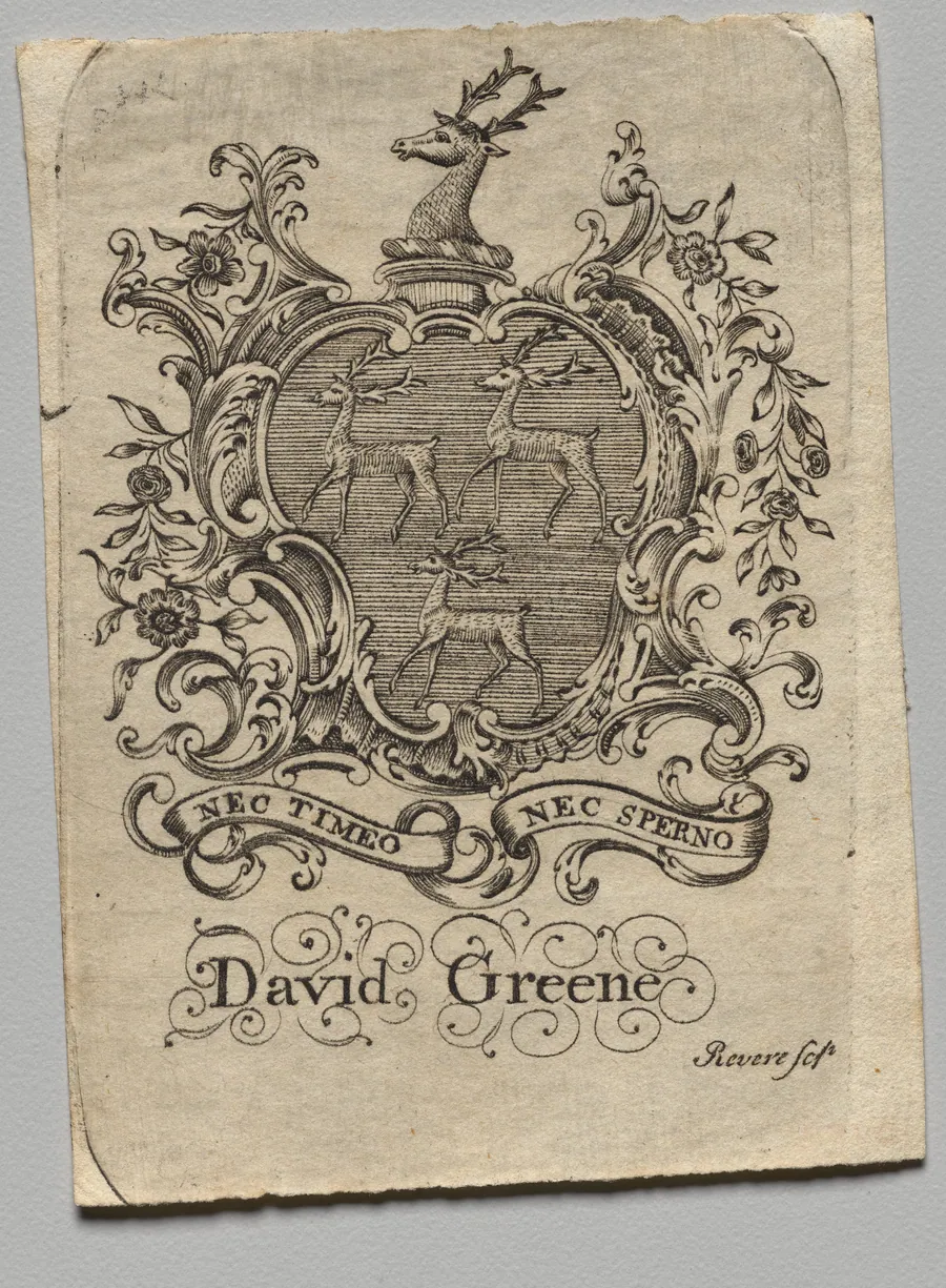 Bookplate:  Coat of Arms with David Greene inscribed below by Paul Revere II