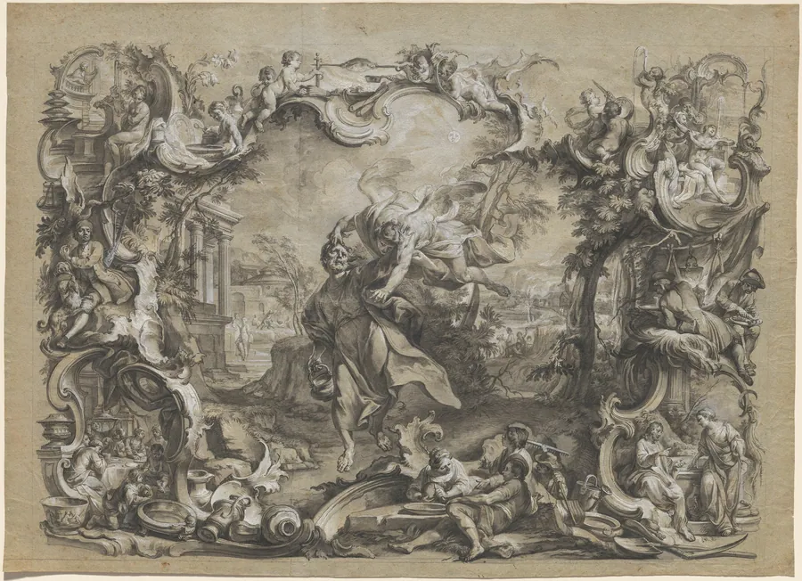 The Angel Carrying off Habakkuk by His Hair, Surrounded by an Elaborate Rococo Frame by Johann Wolfgang Baumgartner