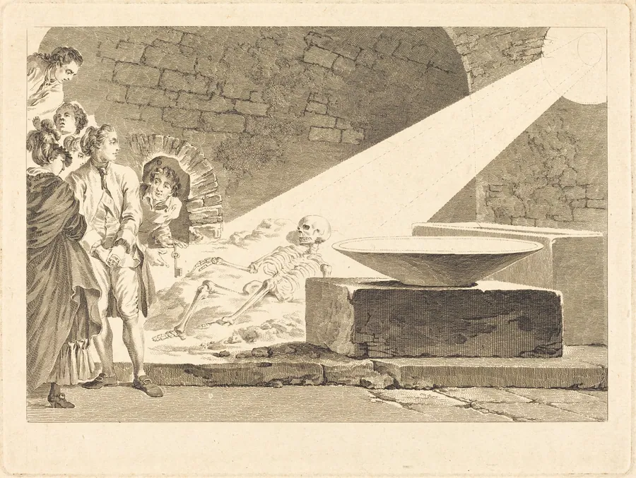 Fragonard and Bergeret with Their Wives Visiting a Tomb in Pompeii by Claude-Mathieu Fessard